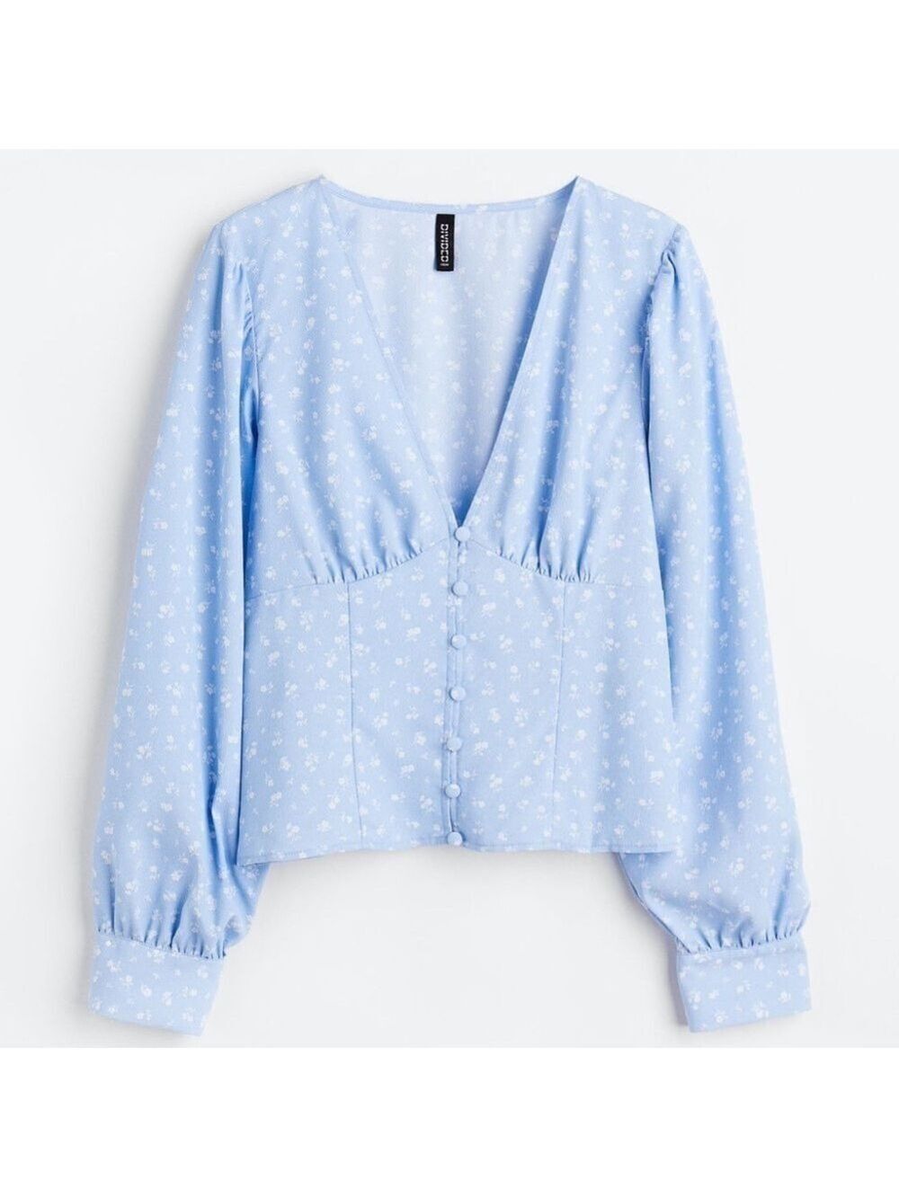 H&M Ditsy Floral Covered Button Front V-Neck Long Sleeve Top Blouse